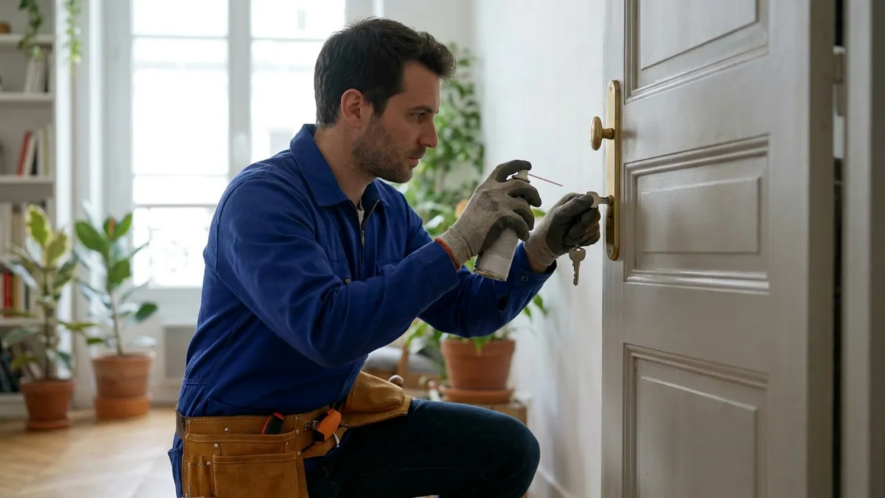 Serrurier lubrifiant le cylindre d'une serrure grippée sur une porte d'appartement à Pantin