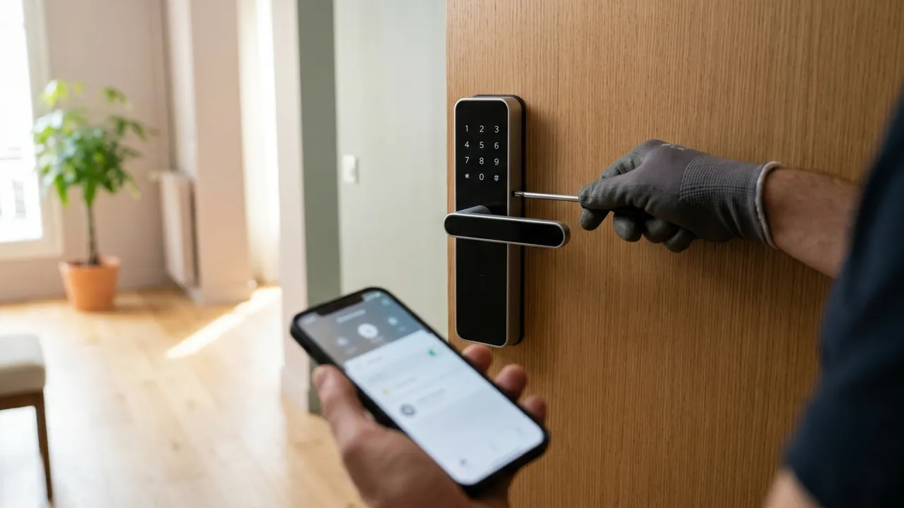Installation d'une serrure connectée à clavier sur une porte d'appartement moderne à Pantin